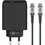 goobay USB-C Schnellladeset, PD, 65 Watt, USB-C Textilkabel, Ladegerät schwarz, 1x USB-C PD, 1 Meter Kabel