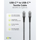 goobay USB-C Schnellladegerät Nano, PD, GaN, 65 Watt, USB-C Textilkabel schwarz, 1x USB-A, 2x USB-C PD, Quick Charge 3.0, 1 Meter Kabel