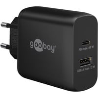 goobay USB-C PD Dual-Schnellladegerät 45 Watt schwarz, 1x USB-A, 1x USB-C PD, GaN-Technologie